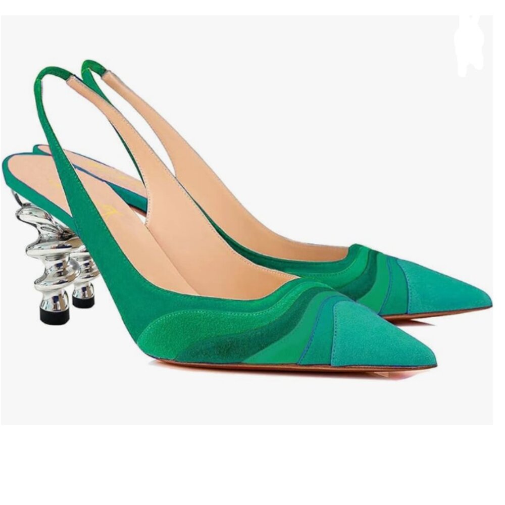 FOWT Green Rainbow Stripes Strange Spiral High Heel Pointed Toe Slingback Pump